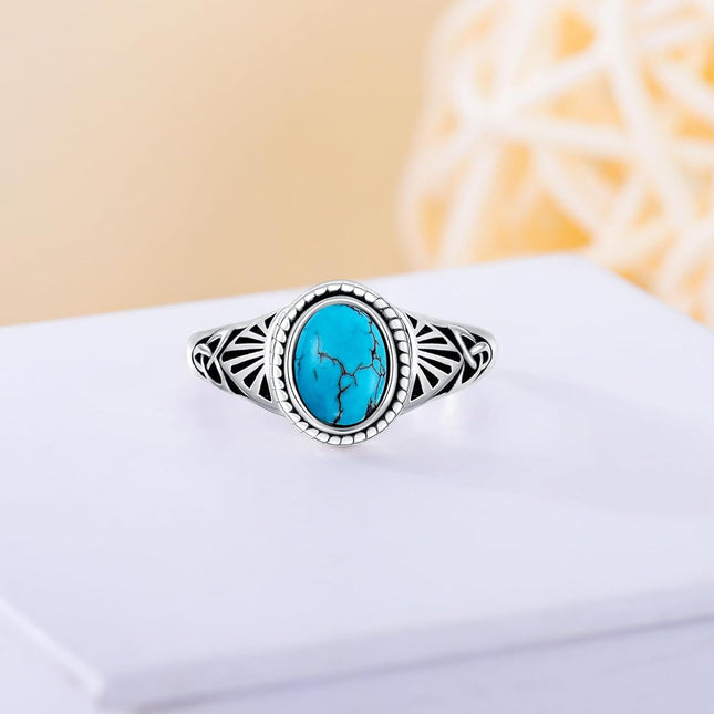 925 Sterling Silver Natural Turquoise Stone Boho Style Adjustable Band Ring for Women