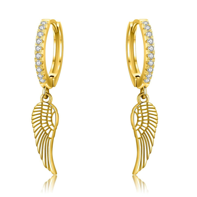 Gold 925 Sterling Silver Angel Wing Feather Cross Dangle Drop Earrings for Women Men 925 Fine Jewelry Minimalist Gift Idea
