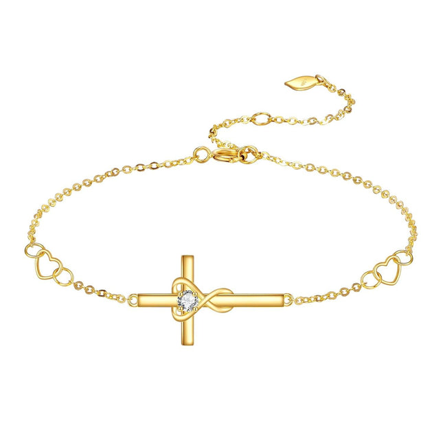 14K Gold Infinity Heart Cross CZ Charm Bracelet for Women Adjustable Religious s