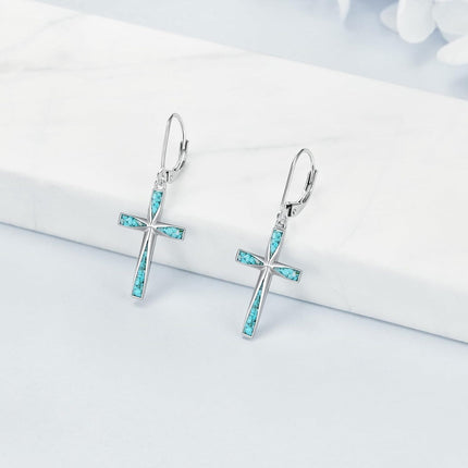 925 Sterling Silver Turquoise Stone Inlay Cross Dangle Leverback Earrings for Women