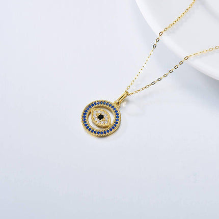 14K Gold Blue & White Crystal Evil Eye Pendant Necklace for Women