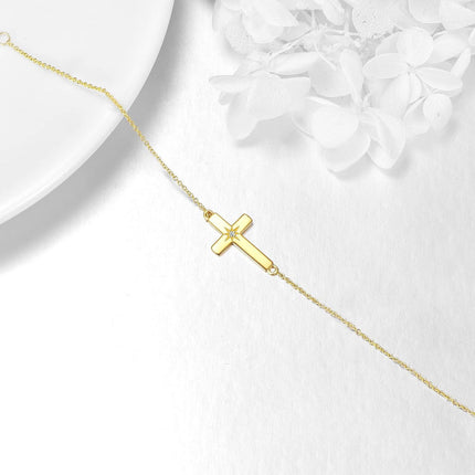 14K Gold Sideways Cross CZ Star Charm Chain Link Bracelet for Women Adjustable Religious s