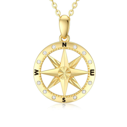 14K Gold CZ Compass Pendant Necklace for Women - 18 Inches Chain