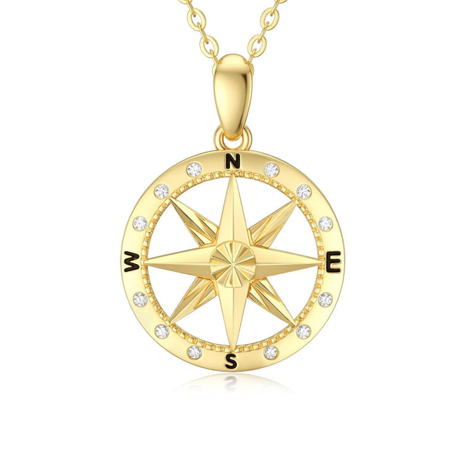 14K Gold CZ Compass Pendant Necklace for Women - 18 Inches Chain
