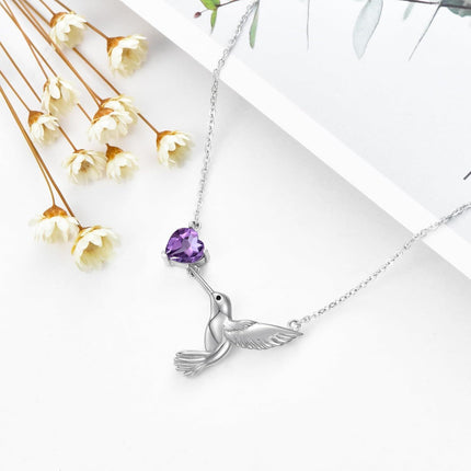 925 Sterling Silver Purple Amethyst Hummingbird Pendant Necklace for Women