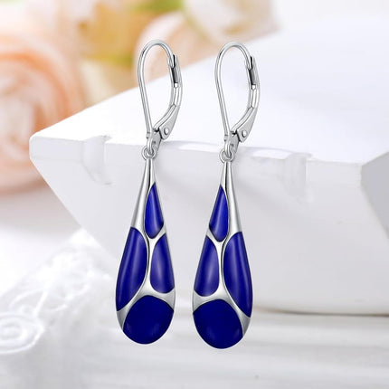 925 Sterling Silver Blue Enamel Tear Drop Leverback Earrings for Women Gift Ideas