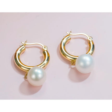 14K Gold Freshwater Cultured Pearl 3mm Huggie Hoop Earrings with Snake Shape Pendant