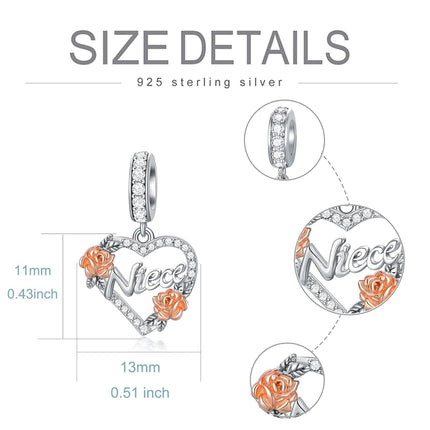 925 Sterling Silver Rose Flower Heart Dangle Charm for Bracelet - Aunt & Niece