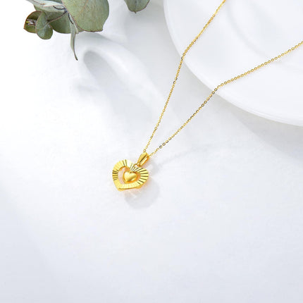 18K Yellow Gold Diamond-Cut Open Heart Pendant Necklace with Sparkling Diamond Surface, Hypoallergenic, Gift Box