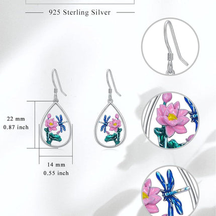 925 Sterling Silver Dragonfly Lotus Flower Teardrop Drop Earrings for Women