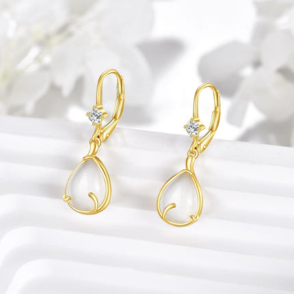 14K Gold Moonstone Teardrop Leverback Earring for Women's Fashion s
