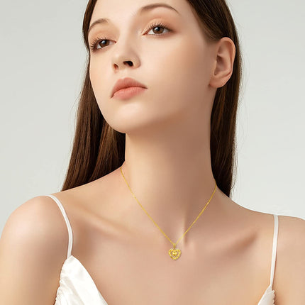 18K Yellow Gold Diamond-Cut Open Heart Pendant Necklace with Sparkling Diamond Surface, Hypoallergenic, Gift Box