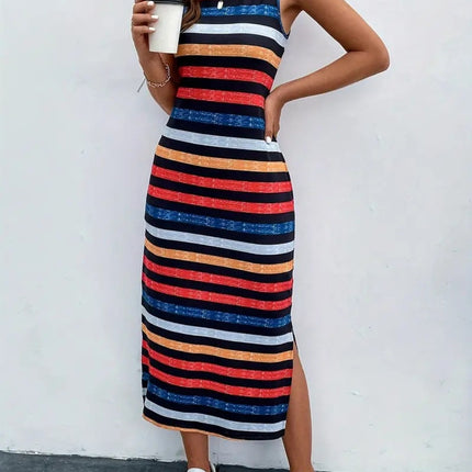 Slit Striped Round Neck Tank Dress