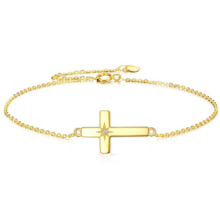 14K Gold Sideways Cross CZ Star Charm Chain Link Bracelet for Women Adjustable Religious s