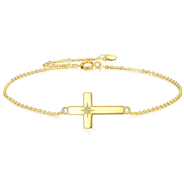 14K Gold Sideways Cross CZ Star Charm Chain Link Bracelet for Women Adjustable Religious s