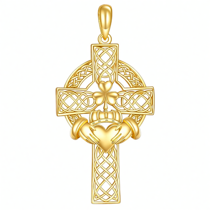 14K Gold Claddagh Celtic Knot Cross Pendant Necklace Religious s for Men & Women