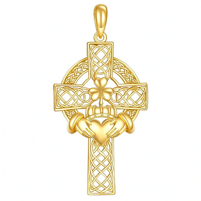 14K Gold Claddagh Celtic Knot Cross Pendant Necklace Religious s for Men & Women