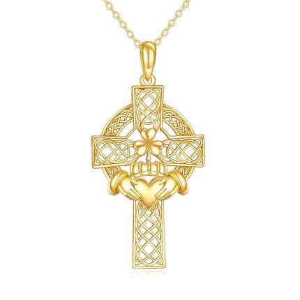 14K Gold Claddagh Celtic Knot Cross Pendant Necklace Religious s for Men & Women