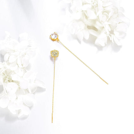 14K Gold  Flower Shape Crystal Threader Earrings for Women