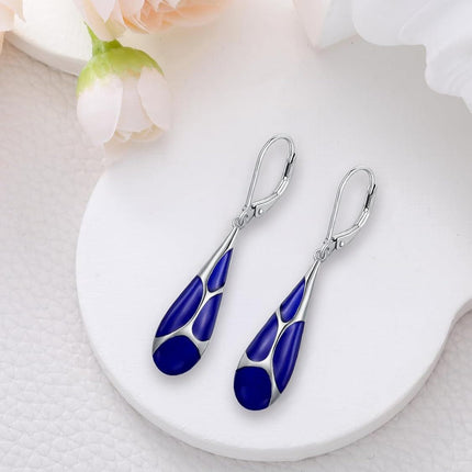 925 Sterling Silver Blue Enamel Tear Drop Leverback Earrings for Women Gift Ideas