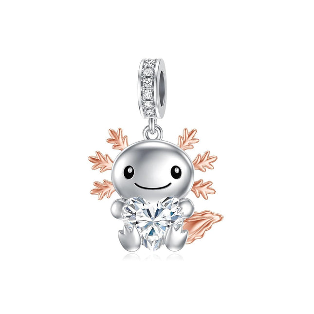 925 Sterling Silver Axolotl Charm Bead with White Zircon for Bracelet - April Birthstone Jewelry Gift for Women