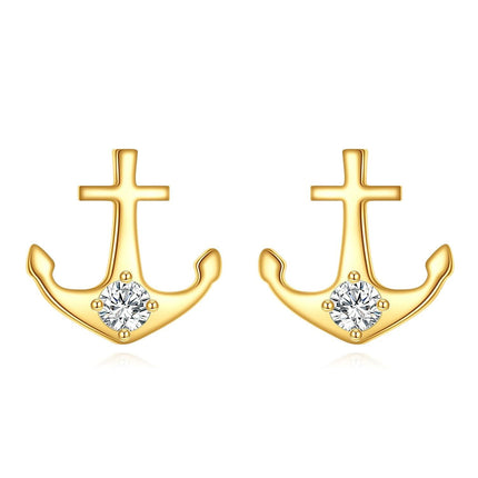 14K Gold Diamond Anchor Stud Earrings - Hypoallergenic for Her