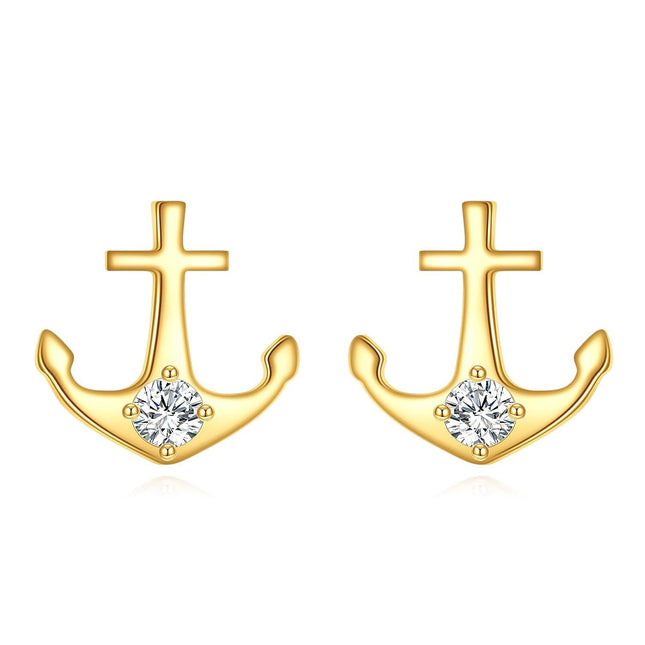 14K Gold Diamond Anchor Stud Earrings - Hypoallergenic for Her