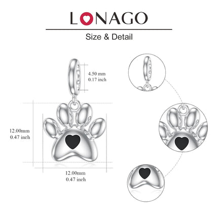 925 Sterling Silver with CZ Accents Dog Paw Print Charm for Bracelet, Hypoallergenic Nickel-Free Gift for Her, Men, Women, Pet Lovers