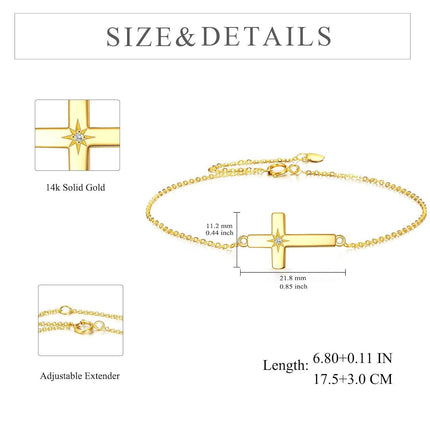 14K Gold Sideways Cross CZ Star Charm Chain Link Bracelet for Women Adjustable Religious s