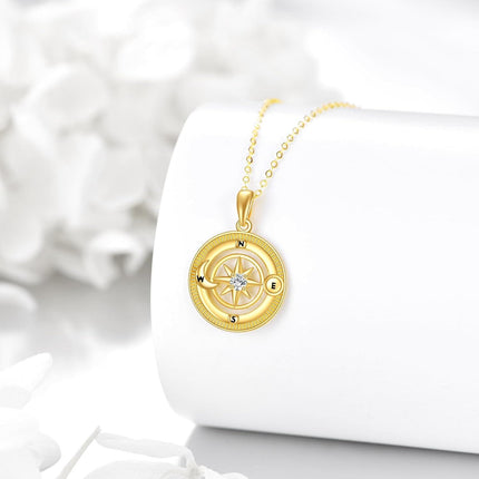 14K Gold Compass Pendant Necklace with Diamond Accent and Moon Phase Design for Women (Length: 36)