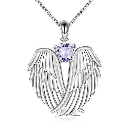 925 Sterling Silver Birthstone Angel Wings Pendant Necklace