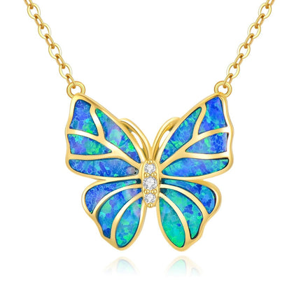 14K Gold Blue Opal Butterfly Pendant Necklaces for Women Minimalist s