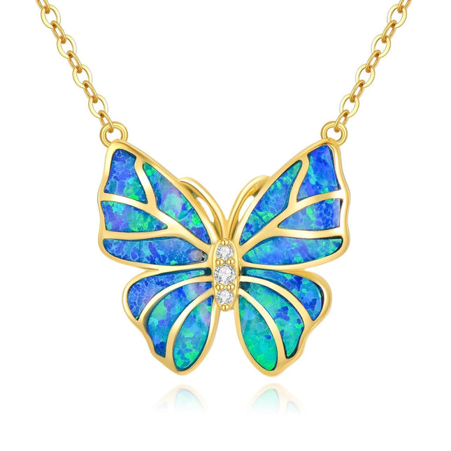 14K Gold Blue Opal Butterfly Pendant Necklaces for Women Minimalist s
