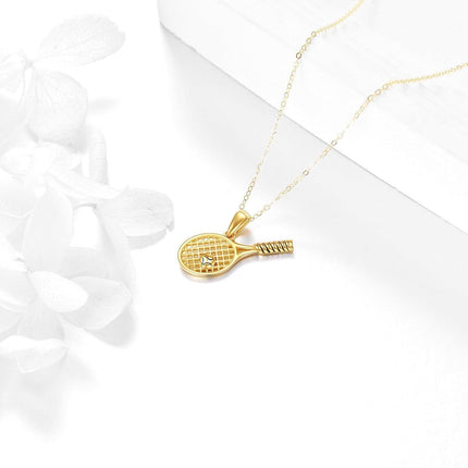 14K Solid Gold Tennis Racket & Ball Sports Pendant Necklace - Real 14Kt s for Her Him