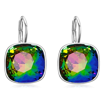 925 Sterling Silver Green Cushion Cut Austrian Crystal Leverback Earrings Hypoallergenic Gift for Her