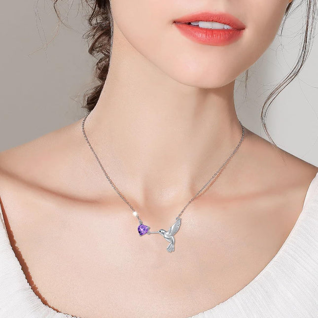 925 Sterling Silver Purple Amethyst Hummingbird Pendant Necklace for Women