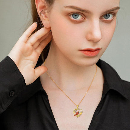 14K Gold Cardinal Bird Pendant Necklace with Cubic Zirconia for Women