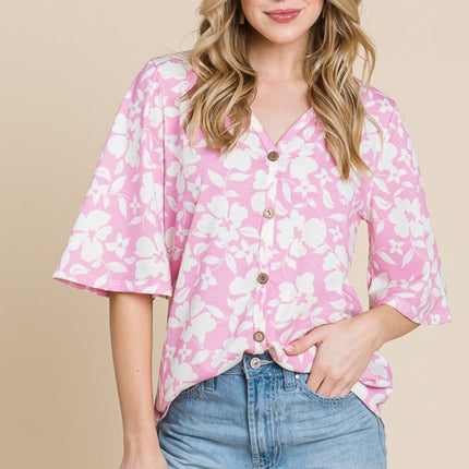 BOMBOM Floral Decorative Button V-Neck Top