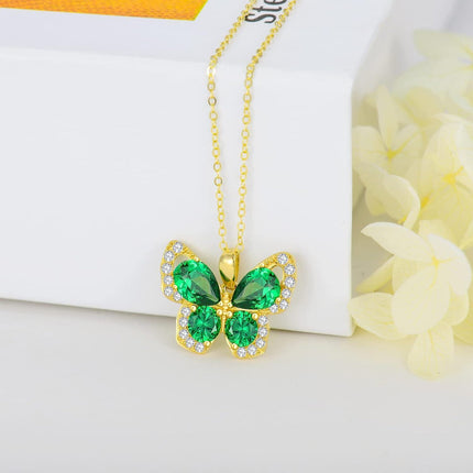 14K Gold Green Crystal Butterfly Pendant Necklace for Women - 28cm Chain Length
