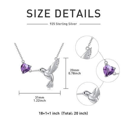 925 Sterling Silver Purple Amethyst Hummingbird Pendant Necklace for Women