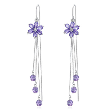 925 Sterling Silver Cubic Zirconia Drop Earrings w/ Purple Flowers & Butterflies