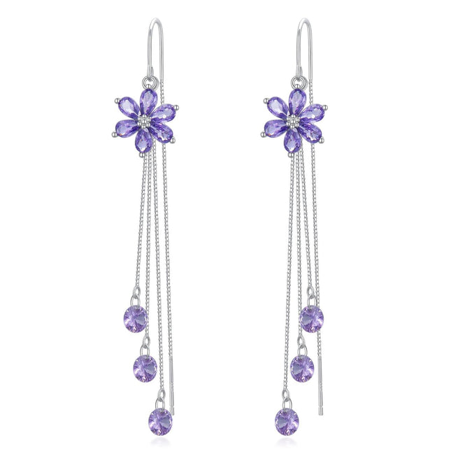 925 Sterling Silver Cubic Zirconia Drop Earrings w/ Purple Flowers & Butterflies