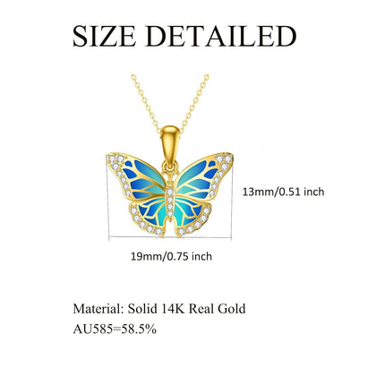 14K Gold Blue Enamel Butterfly Pendant Necklace with Cubic Zirconia Stones - 17 Inches Chain Length