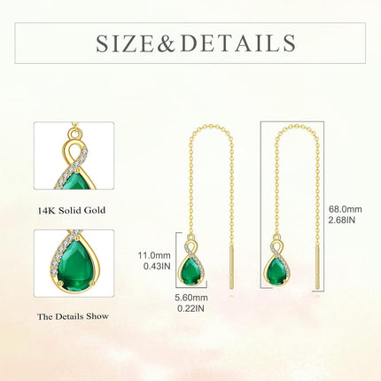 14K Gold Infinity Teardrop Emerald Threader Earrings for Women - 23rd Anniversary Gifts for Her