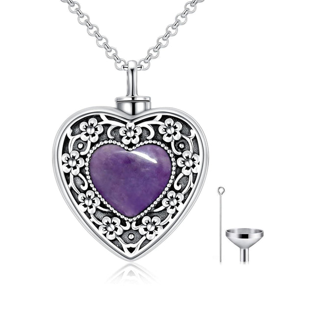925 Sterling Silver Purple Amethyst Heart Cremation Urn Pendant Necklace with Funnel and Fill Tool - Memorial Keepsake Jewelry