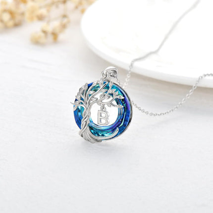 925 Sterling Silver Blue Crystal Tree of Life Initial Necklace Family Letter Pendant Birthday Mother s Day Gifts for Her