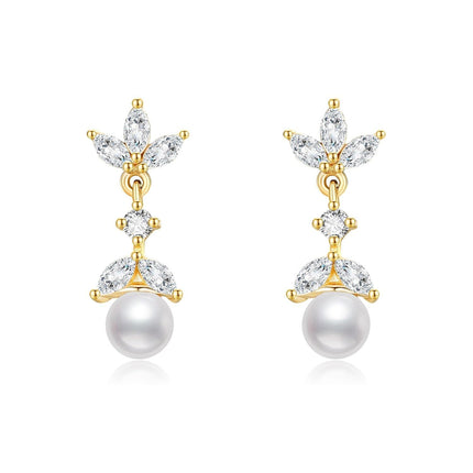 14K Gold Pearl Flower Drop Dangle Earring for Women Girls