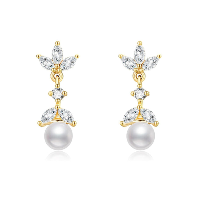 14K Gold Pearl Flower Drop Dangle Earring for Women Girls