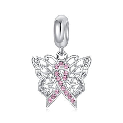 Sterling Silver & Pink Austrian Crystals Butterfly Pink Ribbon Charm for Pandora Bracelets 12.2x13.9mm