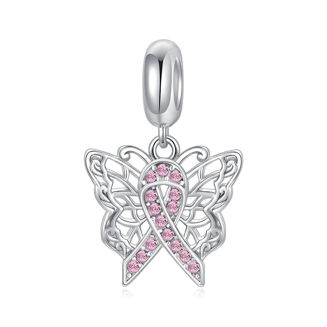 Sterling Silver & Pink Austrian Crystals Butterfly Pink Ribbon Charm for Pandora Bracelets 12.2x13.9mm